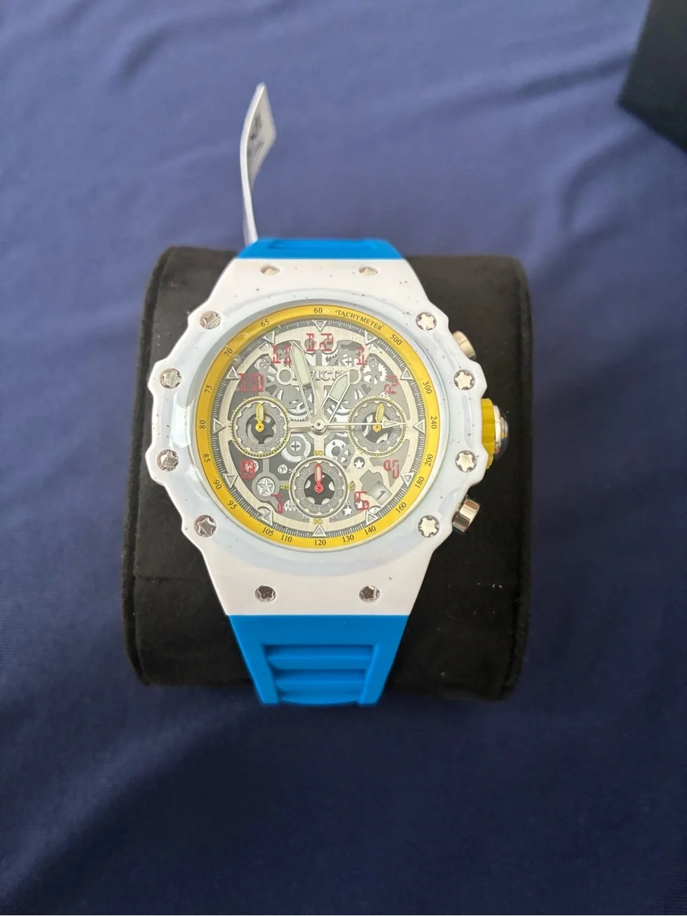 Invicta White Case Watch with Bright Blue Strap and Yellow Crown